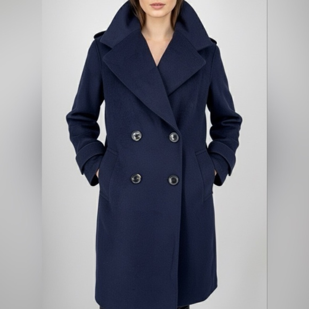 DEREK LAM 10 CROSBY Navy Blue Double-Breasted Wool Blend Peacoat Jacket Size‎ 2
